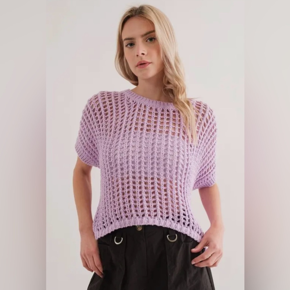 Lilac Open-Knit Short Sleeve Sweater Top - Women